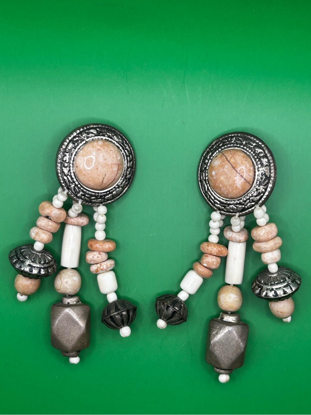 Vintage Clip Beaded Dangle Earrings in Beige and Silver